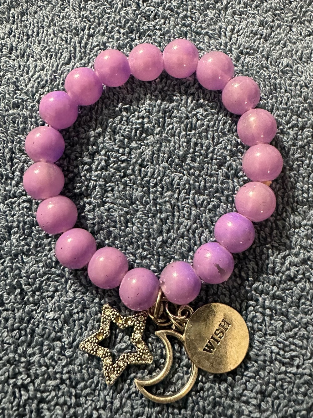 Vintage Lavender Glass Beaded Bracelet with Rhinestone Star Moon & "WISH" Charms